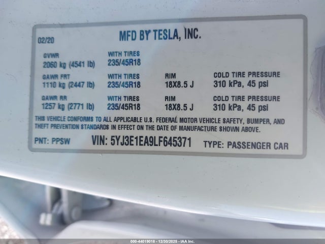 2020 TESLA MODEL 3 5YJ3E1EA9LF645371 Photo 8