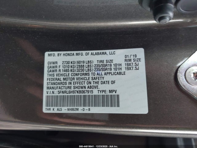 5FNRL6H97KB067915 Honda Odyssey Elite
