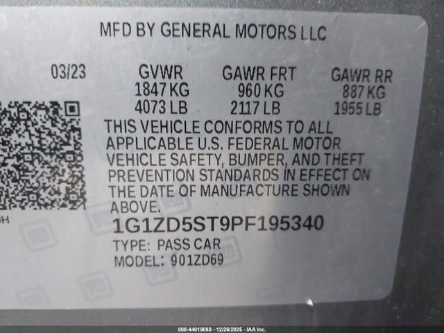 Продаж на аукціоні авто 2023 Chevrolet Malibu Fwd 1lt, vin: 1G1ZD5ST9PF195340, номер лоту: 44019080