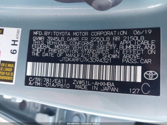 2019 TOYOTA PRIUS JTDKARFU7K3094321 Photo 8