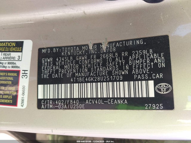 2008 Toyota Camry Le მანქანა იყიდება აუქციონზე, vin: 4T1BE46K28U251709, აუქციონის ნომერი: 44019186