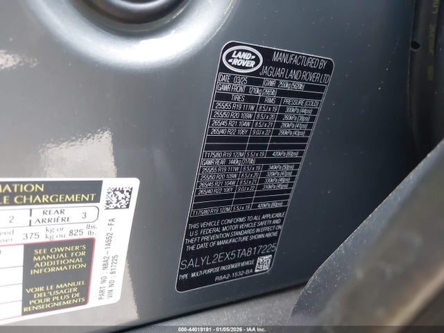 44019191 :رقم المزاد ، SALYL2EX5TA817225 vin ، 2026 Land Rover Range Rover Velar P250 Dynamic Se مزاد بيع