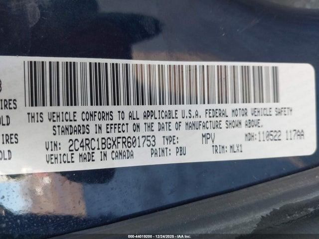 44019200 :رقم المزاد ، 2C4RC1BGXFR601753 vin ، 2015 Chrysler Town & Country Touring مزاد بيع
