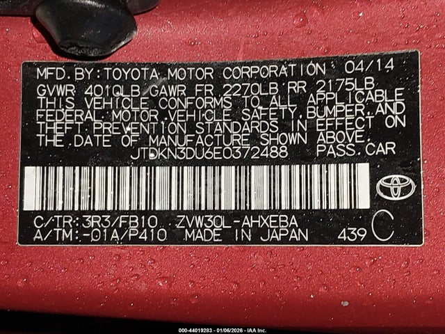 JTDKN3DU6E0372488 Toyota Prius Two