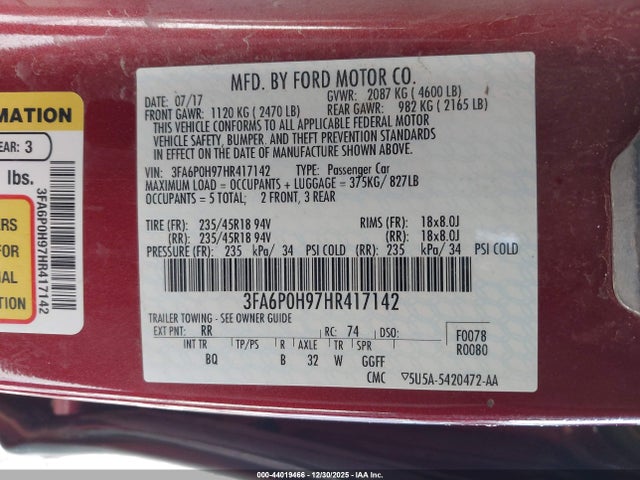 Ford FUSION SE 2017 3FA6P0H97HR417142 Image 9