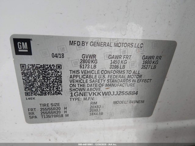2018 Chevrolet Traverse High Country მანქანა იყიდება აუქციონზე, vin: 1GNEVKKW0JJ255884, აუქციონის ნომერი: 44019561