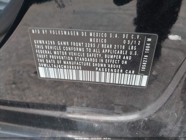 Aukcja sprzedaży 2012 Volkswagen Jetta 2.0l Tdi, vin: 3VWLL7AJ6CM388595, numer aukcji: 44019688