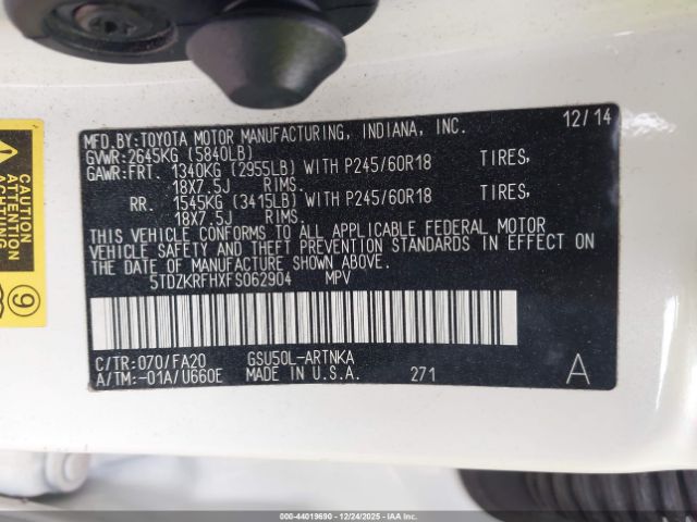 2015 TOYOTA HIGHLANDER 5TDZKRFHXFS062904 Photo 8