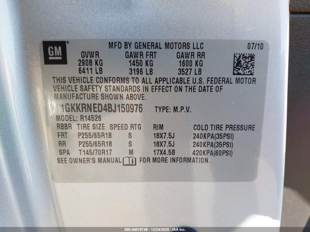 Продаж на аукціоні авто 2011 Gmc Acadia Sl, vin: 1GKKRNED4BJ150976, номер лоту: 44019749