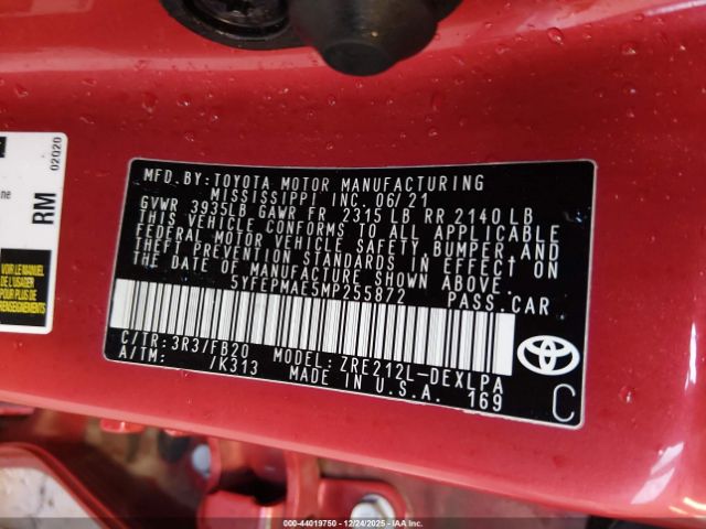 2021 TOYOTA COROLLA 5YFEPMAE5MP255872 Photo 8