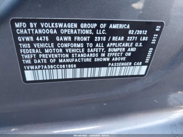 2012 VOLKSWAGEN PASSAT 1VWAP7A38CC061856 Photo 8