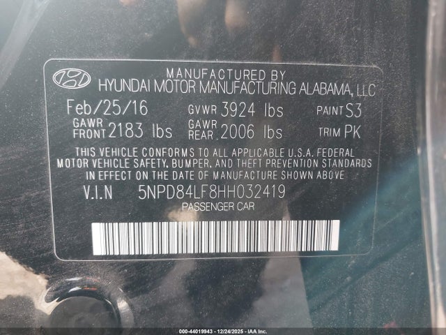 5NPD84LF8HH032419 Hyundai Elantra Limited
