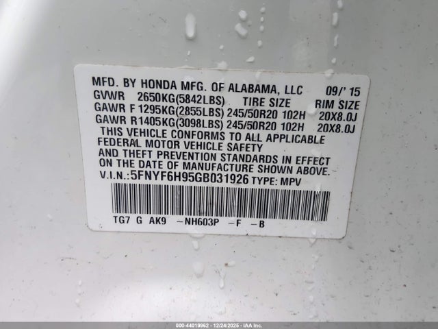 5FNYF6H95GB031926 Honda Pilot Touring