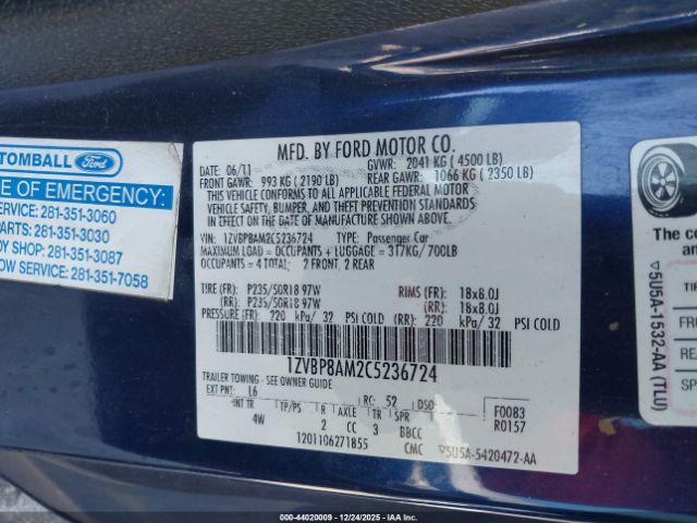 2012 FORD MUSTANG 1ZVBP8AM2C5236724 Photo 8