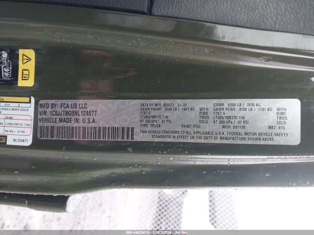 2022 JEEP GLADIATOR 1C6JJTBG5NL124677 Photo 8