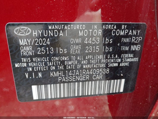 44020053 :رقم المزاد ، KMHL14JA1RA409538 vin ، 2024 Hyundai Sonata Sel مزاد بيع