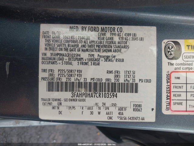 2012 FORD FUSION 3FAHP0HA1CR103594 Photo 8