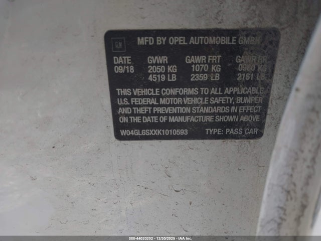 Auction sale of the 2019 Buick Regal Sportback Fwd Preferred, vin: W04GL6SXXK1010593, lot number: 44020202