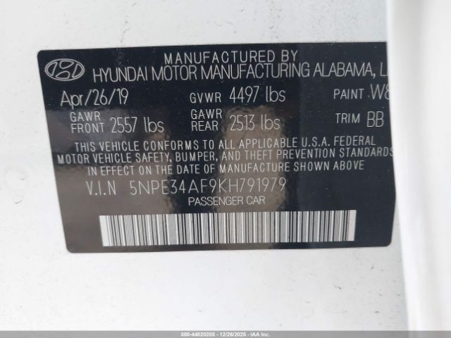 2019 HYUNDAI SONATA 5NPE34AF9KH791979 Photo 8
