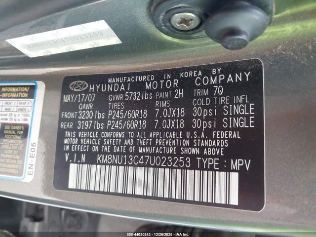 Продаж на аукціоні авто 2007 Hyundai Veracruz Gls/limited/se, vin: KM8NU13C47U023253, номер лоту: 44020343