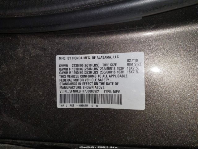 2018 HONDA ODYSSEY 5FNRL6H77JB088924 Photo 8