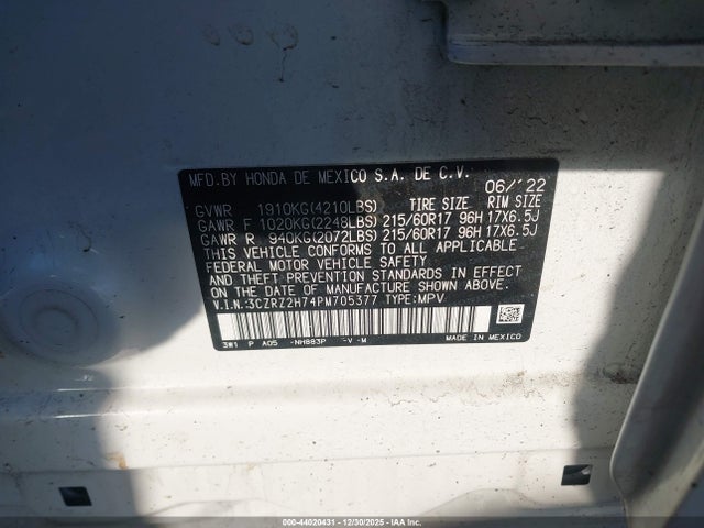 3CZRZ2H74PM705377 Honda Hr-v Awd Ex-l