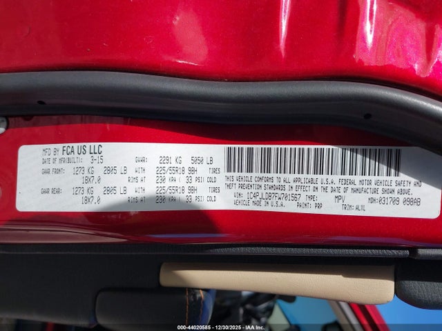 44020585 :رقم المزاد ، 1C4PJLDB7FW701567 vin ، 2015 Jeep Cherokee Limited مزاد بيع