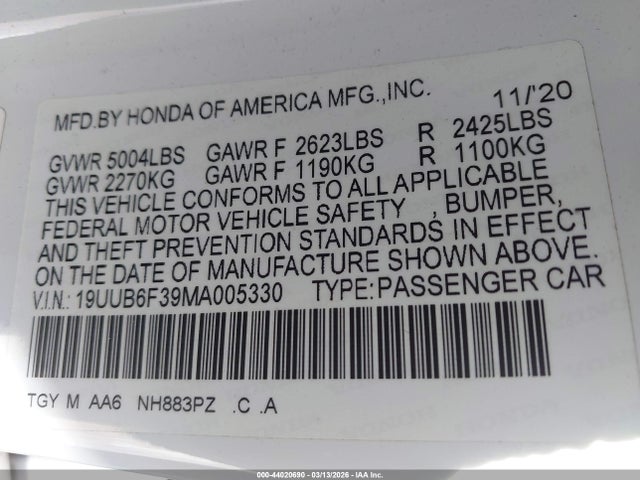 Продажа на аукционе авто 2021 Acura Tlx Standard, vin: 19UUB6F39MA005330, номер лота: 44020690