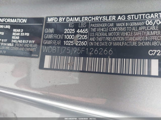 Продаж на аукціоні авто 2005 Mercedes-benz Clk 500, vin: WDBTJ75J95F126266, номер лоту: 44020768