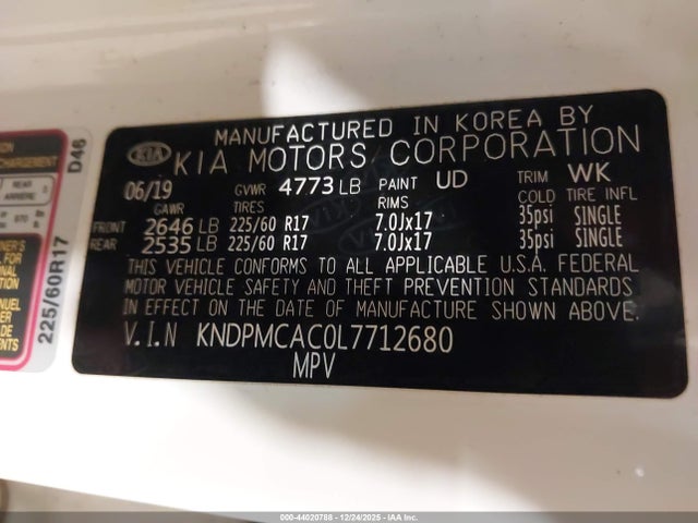 2020 Kia Sportage Lx მანქანა იყიდება აუქციონზე, vin: KNDPMCAC0L7712680, აუქციონის ნომერი: 44020788