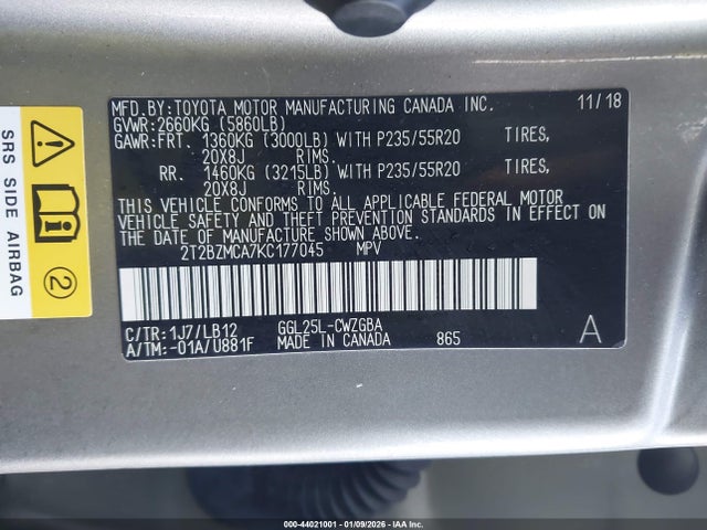 44021001 :رقم المزاد ، 2T2BZMCA7KC177045 vin ، 2019 Lexus Rx 350 مزاد بيع