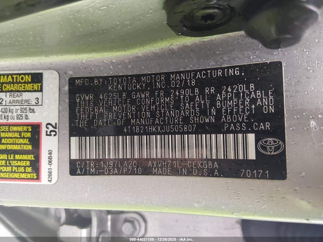 4T1B21HKXJU505807 Toyota Camry Hybrid Xle