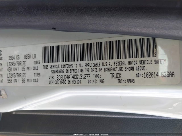 44021127 :رقم المزاد ، 3C6LD4AT4CG131277 vin ، 2012 Ram 2500 St مزاد بيع