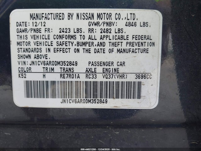 44021258 :رقم المزاد ، JN1CV6AR0DM352849 vin ، 2013 Infiniti G37x مزاد بيع