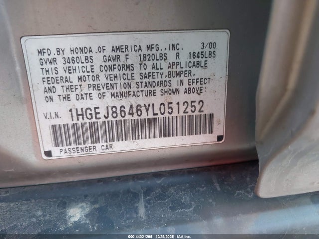 Auction sale of the 2000 Honda Civic Ex, vin: 1HGEJ8646YL051252, lot number: 44021295