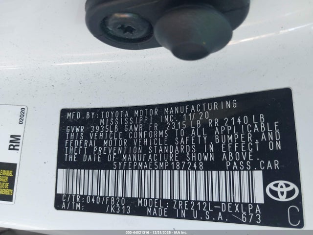 44021316 :رقم المزاد ، 5YFEPMAE5MP187248 vin ، 2021 Toyota Corolla Le مزاد بيع