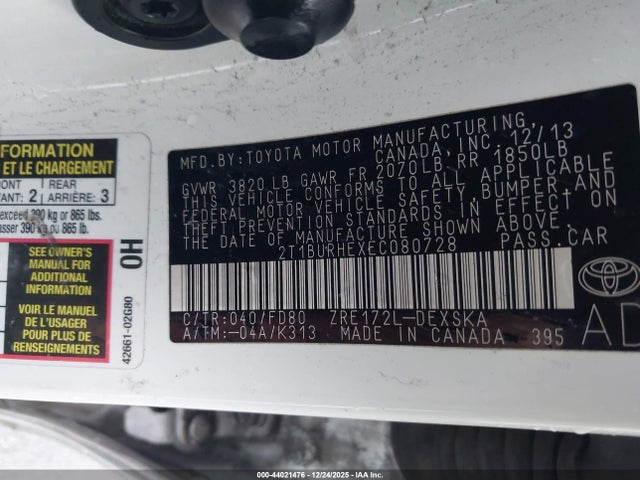 44021476 :رقم المزاد ، 2T1BURHEXEC080728 vin ، 2014 Toyota Corolla S Plus مزاد بيع