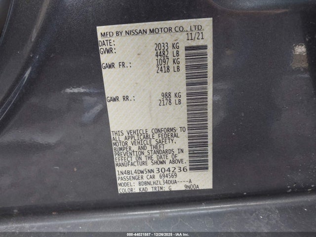 1N4BL4DW5NN304236 Nissan Altima Sv Intelligent Awd