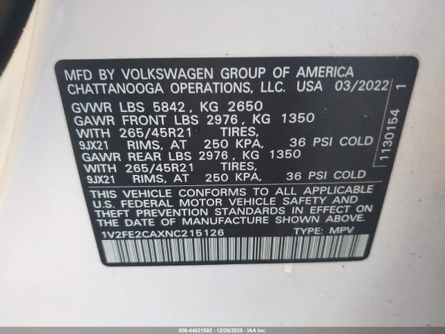 1V2FE2CAXNC215126 Volkswagen Atlas Cross Sport 3.6l V6 Sel Premium R-line