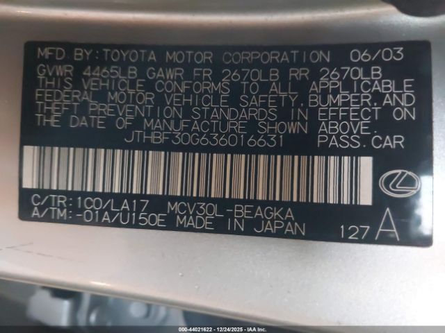 2003 LEXUS ES 300 JTHBF30G636016631 Photo 8