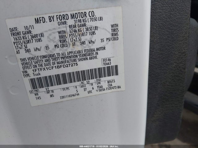 Aukcja sprzedaży 2011 Ford F-150 Xlt, vin: 1FTFX1CF1BFD27275, numer aukcji: 44021719