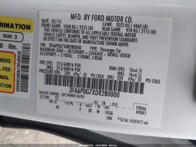 44021721 :رقم المزاد ، 3FA6P0G7XDR280000 vin ، 2013 Ford Fusion S مزاد بيع