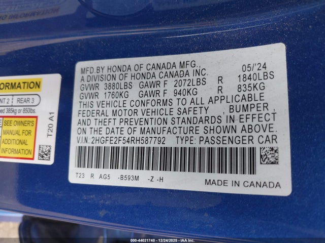 Honda Civic Sport 2024 2HGFE2F54RH587792 Image 9