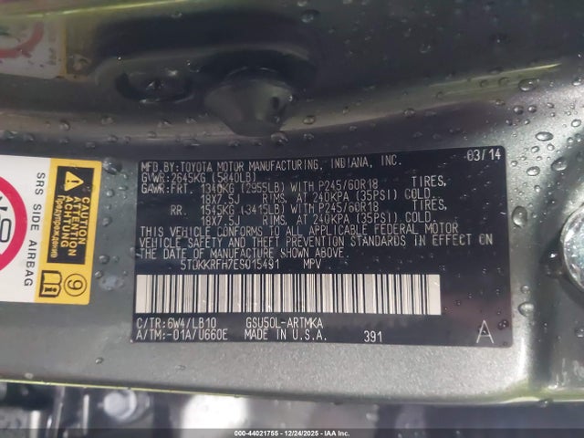 Toyota Highlander Xle V6 2014 5TDKKRFH7ES015491 Image 9