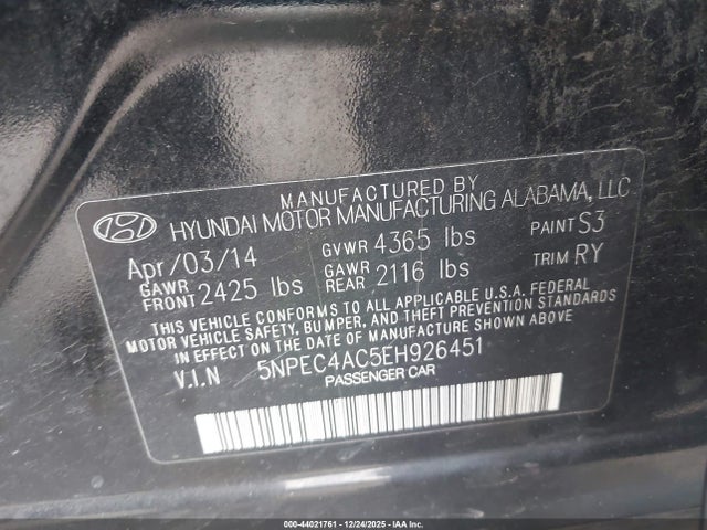 Aukcja sprzedaży 2014 Hyundai Sonata Limited, vin: 5NPEC4AC5EH926451, numer aukcji: 44021761