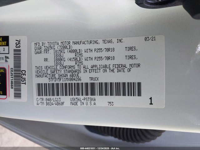 Toyota Tundra Sr5 2021 5TFDY5F11MX004286 Image 9