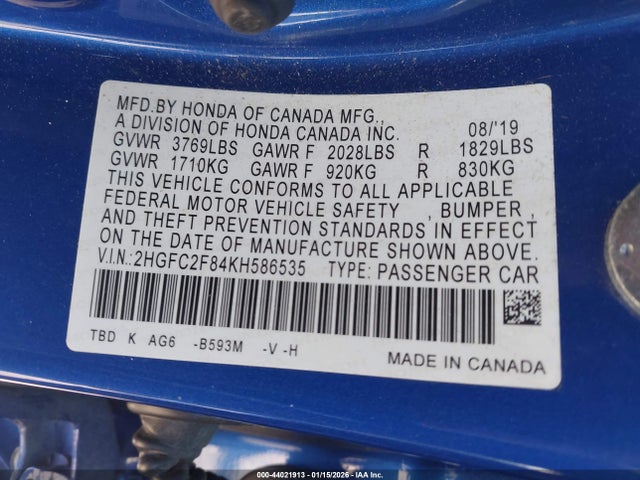 2019 HONDA CIVIC 2HGFC2F84KH586535 Photo 8