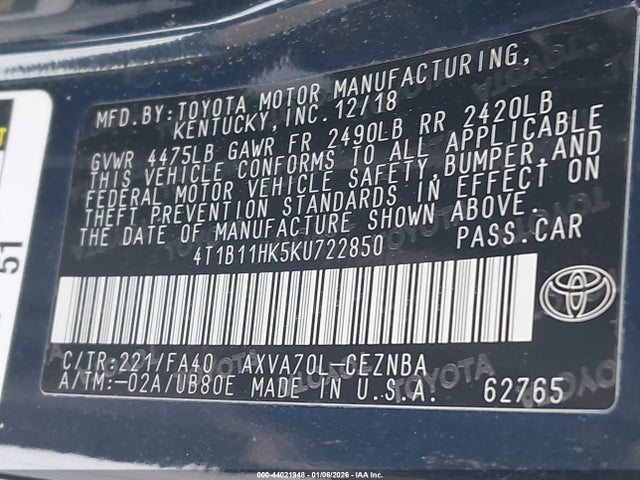 2019 TOYOTA CAMRY 4T1B11HK5KU722850 Photo 8