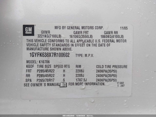 2007 CADILLAC ESCALADE 1GYFK638X7R100602 Photo 8