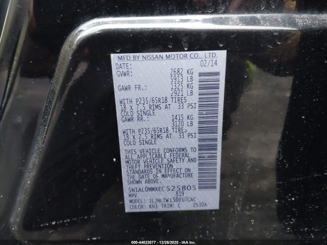 44022077 :رقم المزاد ، 5N1AL0MMXEC525805 vin ، 2014 Infiniti Qx60 مزاد بيع